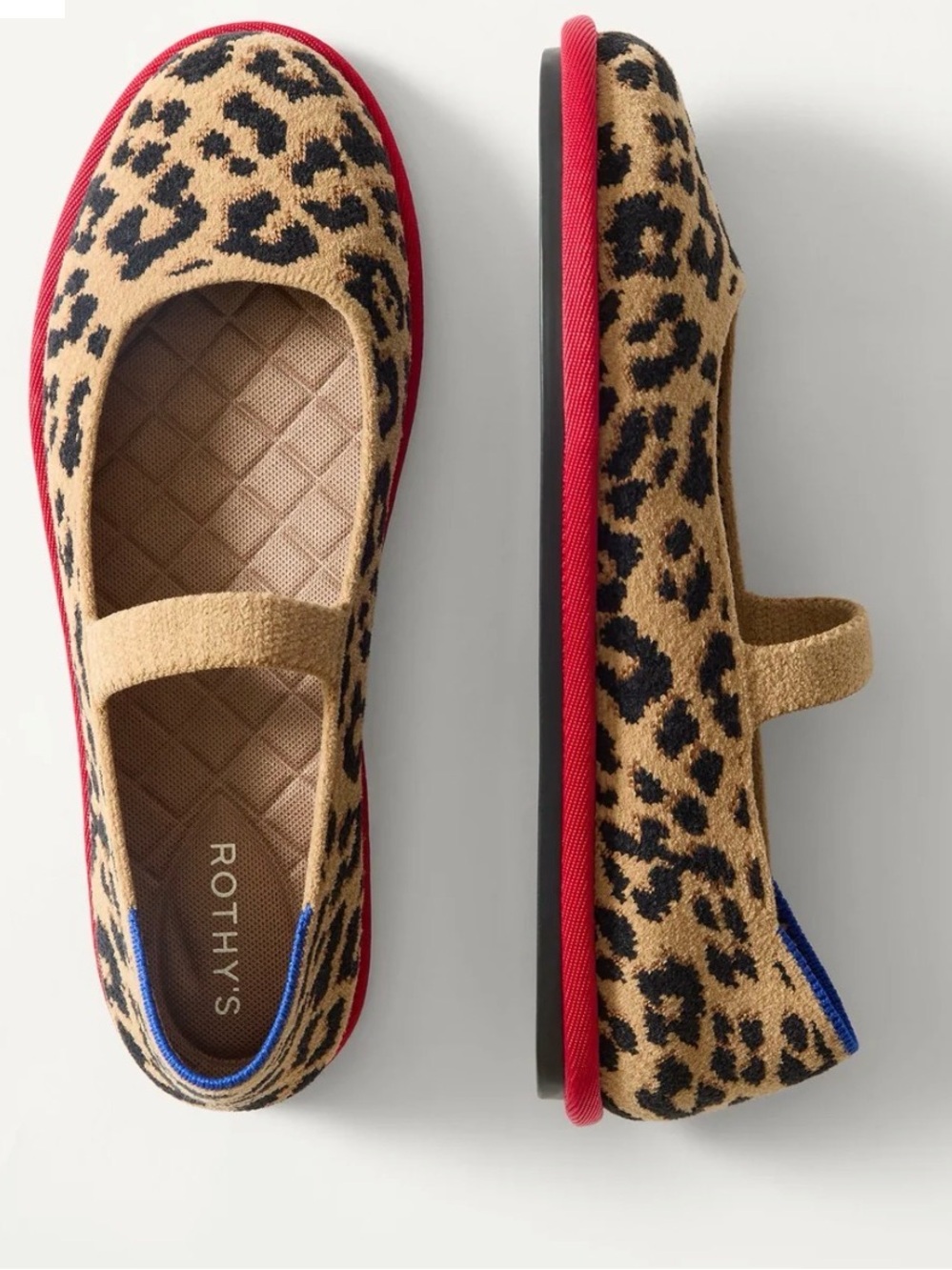 Rothy's Tan and Black Leopard Mary Jane Flats with Red Trim